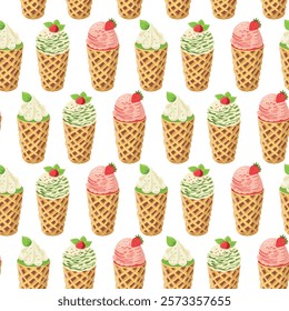 apanese food matcha. Seamless pattern with ice cream cone with strawberries. Vegan japanese cakes. Repeating vector background, wrapping paper.