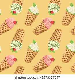 apanese food matcha. Seamless pattern with ice cream cone with strawberries. Vegan japanese cakes. Repeating vector background, wrapping paper.