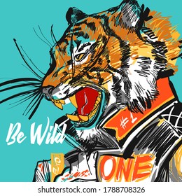 apanese tiger design. Wild print. Tiger T-Shirt design. Fashion vector illustration with tiger. Illustration for fabric, clother. - Vector.