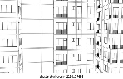 Apartment façade 3D Line drawing illustration vector 