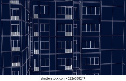 Apartment façade 3D Line drawing illustration blueprint