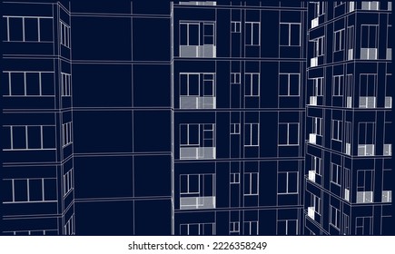 Apartment façade 3D Line drawing illustration vector blueprint