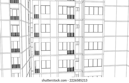 Apartment façade 3D Line drawing illustration