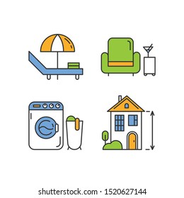 Apartment amenities. Beach haise longue, lobby bar. Laundry, clothes washing. High ceilings house, two-storey building. Comfortable accommodation. Isolated vector illustrations