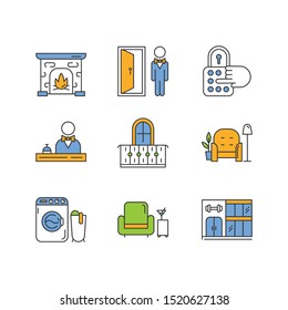 Apartment Amenities. Central Reception, Doorman, Resident Lounge, Lobby Bar. Laundry, Gym Building, Balcony, Concierge. Combination Lock, Vintage Fireplace. Isolated Vector Illustrations