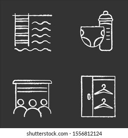 Apartment amenities chalk icons set. Swimming pool, toddler room, movie theater, walk-in closet. Residential services. Luxuries for dwelling inhabitants. Isolated vector chalkboard illustrations