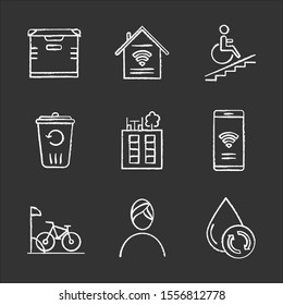 Apartment amenities chalk icons set. Storage, smart home, wheelchair access, recycling, rooftop deck, iInternet access, bike parking, spa, water filtration. Isolated vector chalkboard illustrations