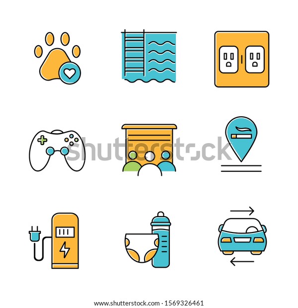 Apartment amenities color icons set. Pets\
allowed, swimming pool, charging outlet, game room, movie theater,\
smoking allowed, ev charging station, toddler room, carshare.\
Isolated vector\
illustrations