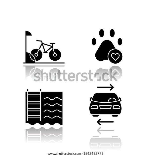 Apartment amenities drop shadow black glyph\
icons set. Bike parking, pets allowed, swimming pool, shared car\
service. Residential services. Comfortable house signs. Isolated\
vector illustrations