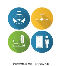 Apartment Amenities Flat Design Long Shadow Glyph Icons Set.. Doorman, Lobby Bar, Outdoor Rest Furnishing, Ceiling Ventilator. Comfortable Services. Vector Silhouette Illustration