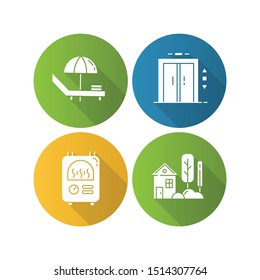 Apartment amenities flat design long shadow glyph icons set. Chaise longue, elevator lift, central heating, small village cottage with garden. Comfortable accommodation. Vector silhouette illustration