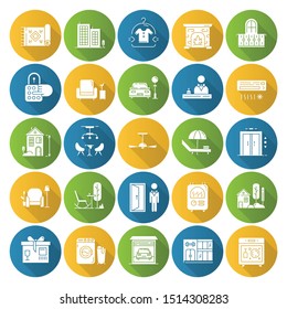 Apartment amenities flat design long shadow glyph icons set. Household appliance and furniture, furnishing. Interior design items. Hotel services, facilities. Vector silhouette illustration