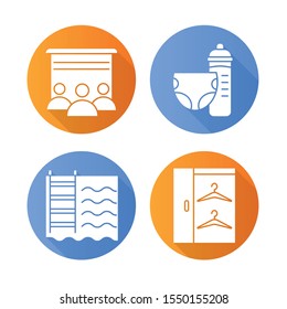 Apartment amenities flat design long shadow glyph icons set. Swimming pool, toddler room, movie theater, walk-in closet. Residential services. Luxuries for inhabitants. Vector silhouette illustration