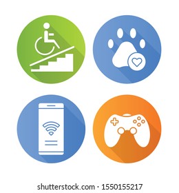 Apartment amenities flat design long shadow glyph icons set. Wheelchair access, pets allowed, game room, free wifi. Property conveniences. Residential services. Vector silhouette illustration