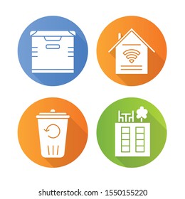 Apartment amenities flat design long shadow glyph icons set. Smart home features, storage, recycling service, rooftop deck. Property conveniences for renters. Vector silhouette illustration