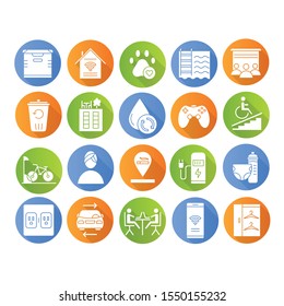 Apartment amenities flat design long shadow glyph icons set. Residential services. Comfortable house signs. Luxuries for dwelling inhabitants. Property conveniences. Vector silhouette illustration