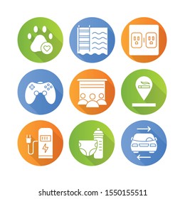 Apartment amenities flat design long shadow glyph icons set. Pets allowed, swimming pool, movie theater, smoking allowed, ev charging station, toddler room, carshare. Vector silhouette illustration