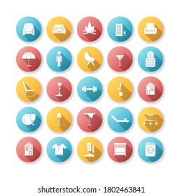 Servicios de apartamento diseño plano sombra de los iconos de glifo conjunto. Mobiliario de casa e iluminación. Edificio de condo. Gerente de hotel. Servicio de lavandería. El mobiliario del restaurante. Ilustración de color RGB de silueta