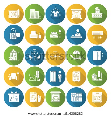 Apartment amenities flat design long shadow glyph icons set. Household appliance and furniture, furnishing. Interior design items. Hotel services, facilities. Vector silhouette illustration