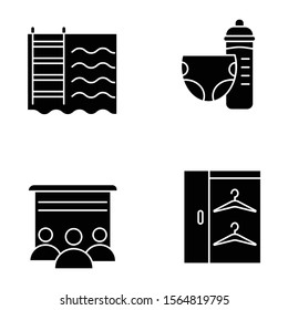 Apartment amenities glyph icons set. Swimming pool, toddler room, movie theater, walk-in closet. Residential services. Luxuries for inhabitants. Silhouette symbols. Vector isolated illustration