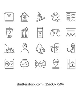 Apartment amenities linear icons set. Residential services. Comfortable house. Luxuries for dwelling inhabitants. Thin line contour symbols. Isolated vector outline illustrations. Editable stroke