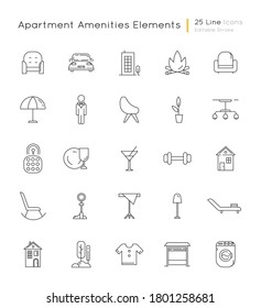 Apartment amenities linear icons set. Comfort living. House furniture and lighting. Condo building. Customizable thin line contour symbols. Isolated vector outline illustrations. Editable stroke