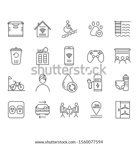 Apartment amenities linear icons set. Residential services. Comfortable house. Luxuries for dwelling inhabitants. Thin line contour symbols. Isolated vector outline illustrations. Editable stroke