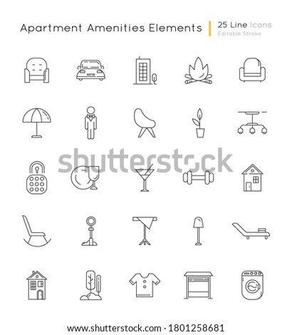 Apartment amenities linear icons set. Comfort living. House furniture and lighting. Condo building. Customizable thin line contour symbols. Isolated vector outline illustrations. Editable stroke