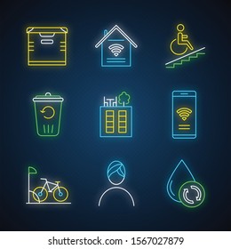 Apartment amenities neon light icons set. Storage, smart home, wheelchair access, recycling service, rooftop deck, iInternet access, bike parking, spa. Glowing signs. Vector isolated illustrations