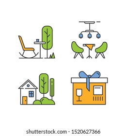 Apartment amenities. Outdoor space, residents lounge, small house with garden, package service. Comfortable leisure zones. Isolated vector illustrations