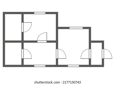 Apartment architectural plan. Black and white isolated condominium or house. Floor plan, interior design kitchen, bedrooms, living room, dining room and bathroom. Apartment without furniture top view