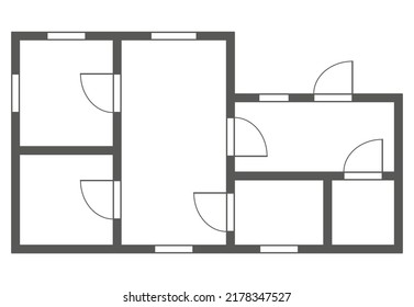 Plan arquitectónico de apartamentos. Casa o condominio aislado en blanco y negro. Plano de planta, cocina de diseño interior, dormitorios, sala de estar, comedor y baño. Apartamento sin muebles vista superior