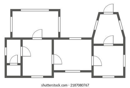 Wohnungsbauplan. Schwarz-Weiß-Wohnung oder Haus einzeln. Wohnzimmer, Esszimmer und Badezimmer. Appartement ohne Möbel mit Draufsicht