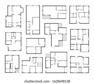 Apartment Architectural Plans Flat Vector Illustrations Set. Urban Dwelling, Condominium Top View Schematic Collection. Room Construction Layout Schemes Pack Isolated On White Background