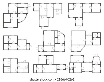 Apartment Architectural Plans Set. Different Black And White Isolated Blueprint Studio, Condominium, Flat, House. Floor Plan, Interior Design Kitchen, Bedrooms, Living Room, Dining Room And Bathroom