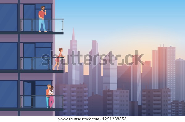 夕暮れに人々を休ませる現代の家のアパートバルコニー 都市の景観高層ビル背景にカートーンベクターイラスト のベクター画像素材 ロイヤリティフリー