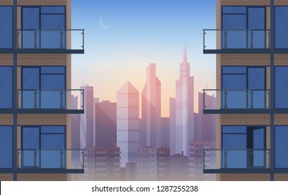 Apartment Balcony in modern house in sunset. Urban sityscape skyscrapers cityscape between civil houses cartoon background vector illustration.