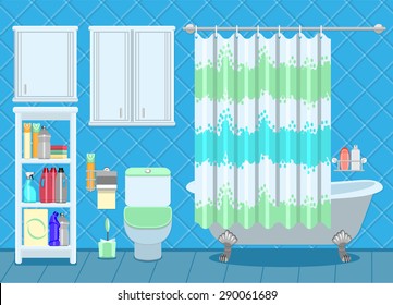 Apartment Bathroom Interior Decorating template with old-fashioned free-standing bath, toilet and shelves with household cleaning products.