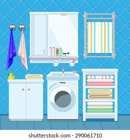 Apartment Bathroom Interior Decorating template with sink, washing machine and shelves.