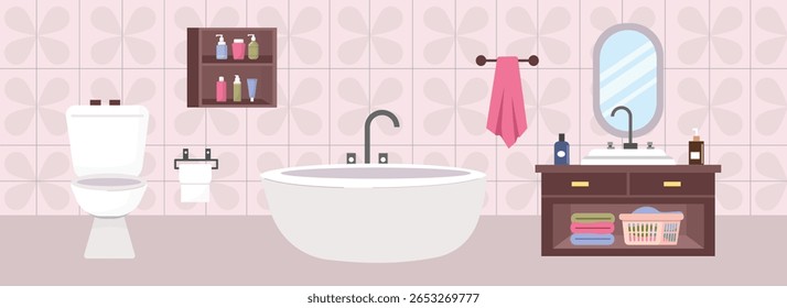 Apartment bathroom. Modern bathroom. Luxury restroom. Toilet interior. Soap rack. Towel. Mirror. Bath room facilities.