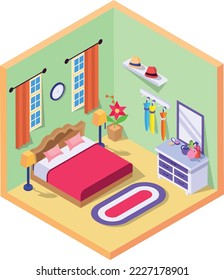 Apartment Bedroom View Concept, Studio Room with Dressing vector color isometric icon design, compact living space symbol, Interior Decoration Sign, low poly home office rooms stock illustration 