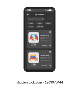 Apartment booking app interface vector template. Mobile app interface black design layout. Residence for rent searching smartphone application. Flat UI. Phone display with apartments price list
