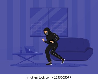 Apartment break-in flat color vector illustration. Burglar stealing property from flat. Housebreaking. House burglary. Criminal act. 2D cartoon character, interior on background