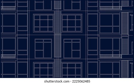 Apartment building façade 2D closeup Line drawing sketch illustration vector blueprint