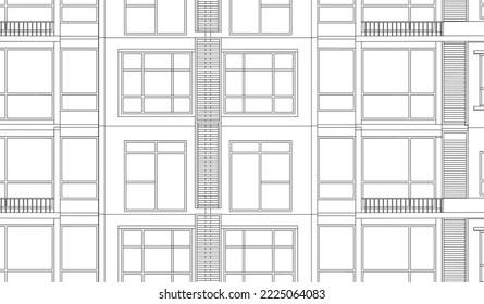 Apartment building façade 2D closeup Line drawing sketch illustration vector