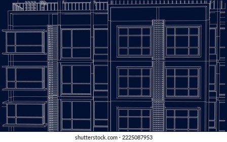 apartment building façade 3D Line drawing illustration vector blueprint