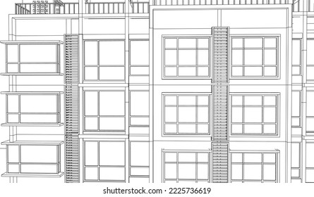 apartment building façade 3D Line drawing illustration vector