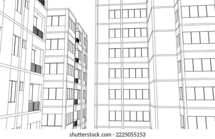 Edificio de apartamentos Perspectiva arquitectónica 3D Gráfico de dibujo de líneas