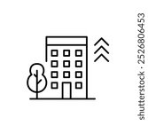 Apartment building with arrows up. High-rise property development and successful investment, growth of residential areas. Pixel perfect, editable stroke icon