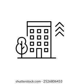 Apartment building with arrows up. High-rise property development and successful investment, growth of residential areas. Pixel perfect, editable stroke icon